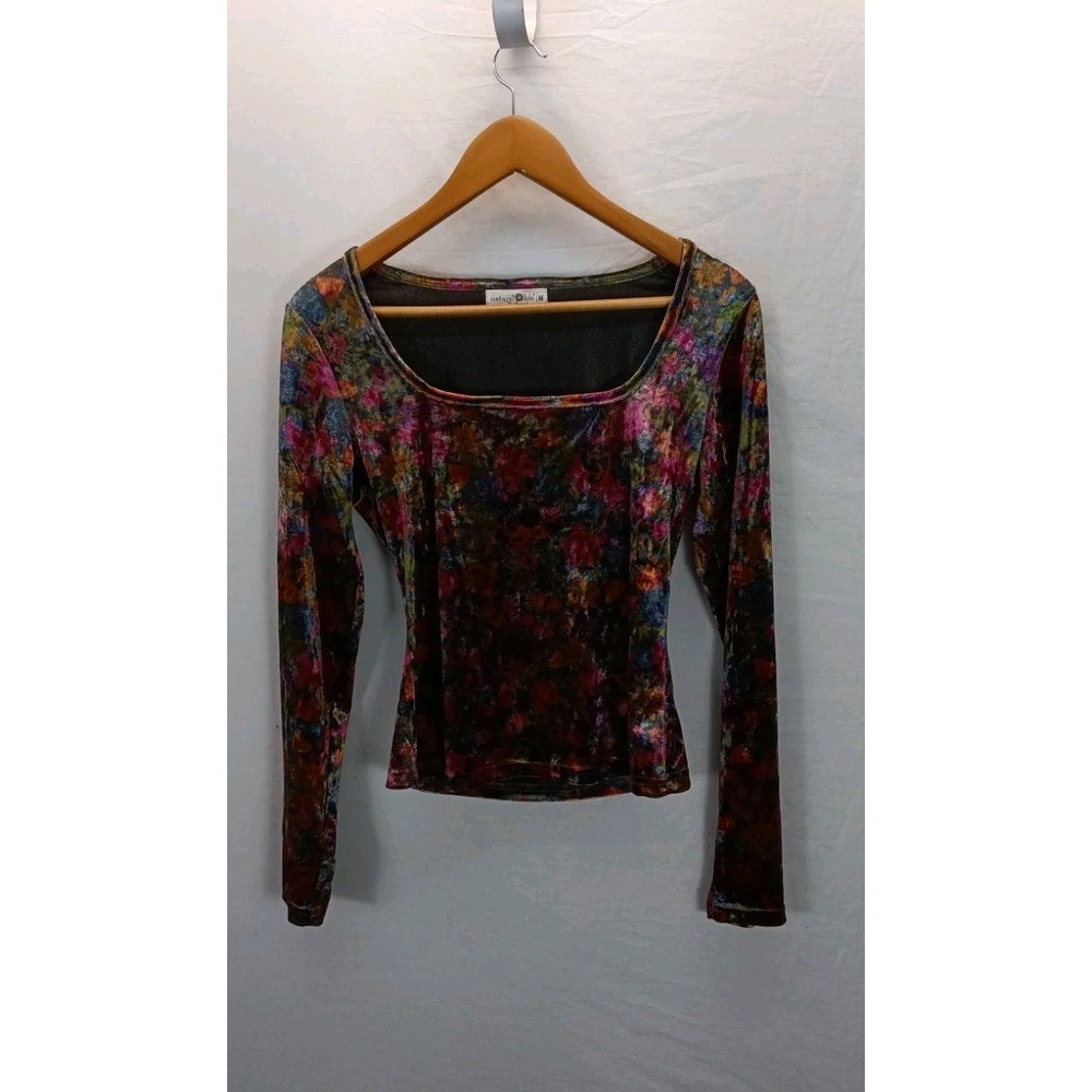 Natural Life Danielle Top Floral Whimsygoth Velvet Long Sleeve Top Sz M Casual